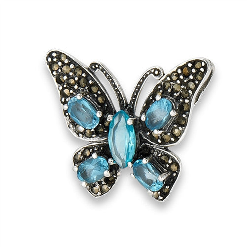Sterling Silver Marcasite Butterfly Slide Pendant with Synthetic Blue Topaz