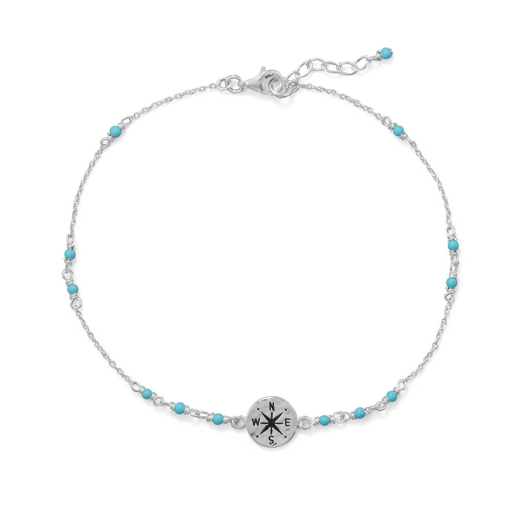 9.25"+.75" Blue Beaded Anklet with Compass Charm
