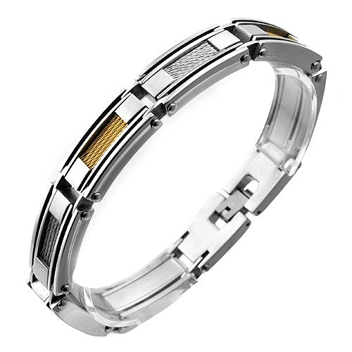 Stainless Steel Bracelet w/ Alternating Steel and Gold Colored Cable Inlay