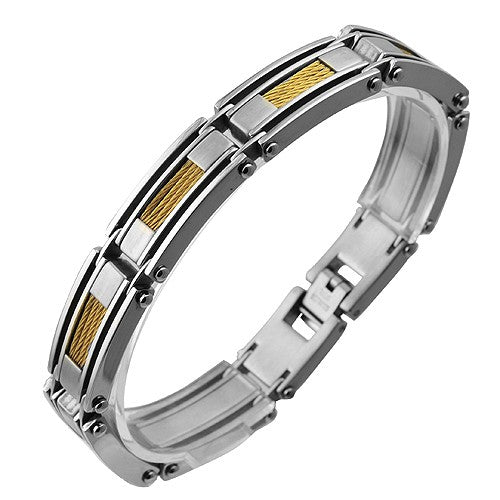 Stainless Steel Bracelet With Four Strand Gold PVD Cable Inlay