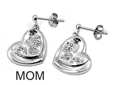 Sterling Silver Stud MOM Heart Earrings with CZ