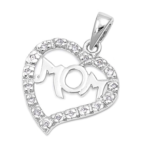 Sterling Silver MOM Heart Pendant Necklace  with CZ