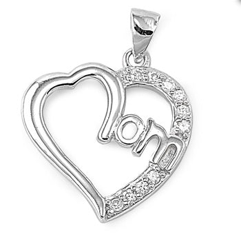 Sterling Silver MOM Heart Pendant Necklace with CZ