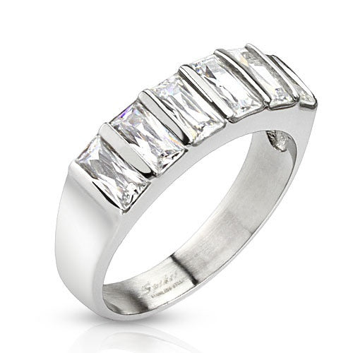 Stainless Steel Six Emerald Cut CZ Ring