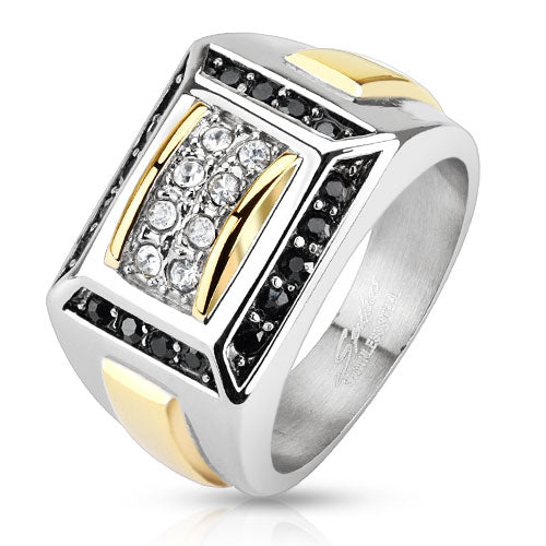 Stainless Steel Ring Two Toned Micro Paved Clear CZ with Black Border