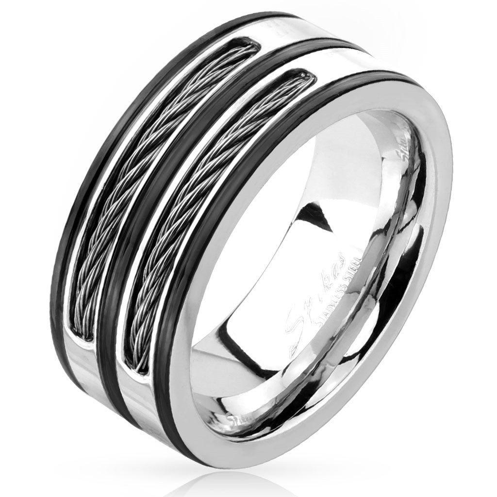 Stainless Steel Double Cable Inlay Black Striped Ring