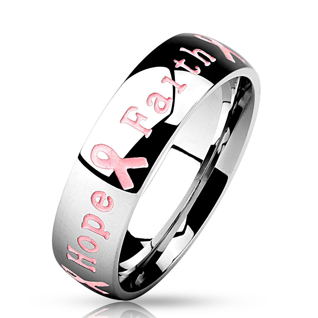 Stainless Steel Pink Ribbon Ring (Courage, Strength, Hope, Faith)