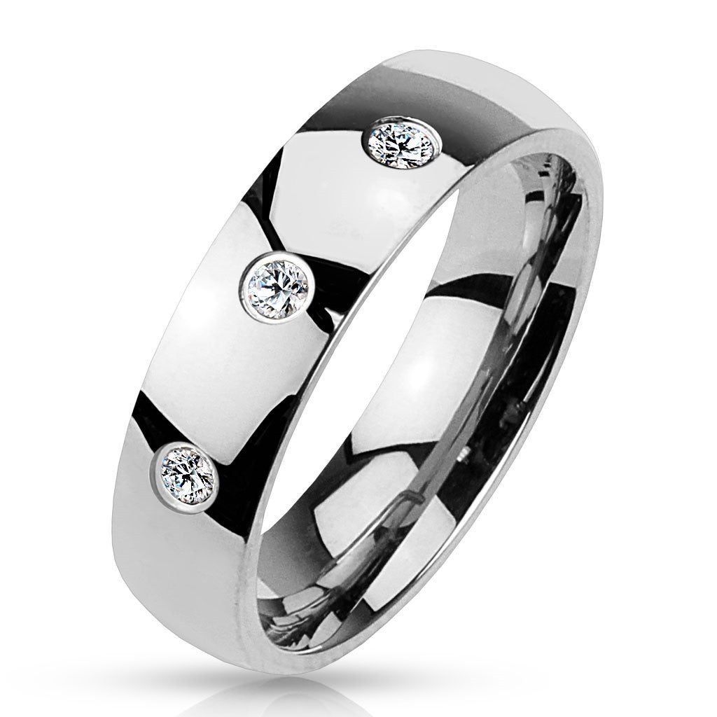 Three CZ Set Classic Dome 316L Stainless Steel Rings