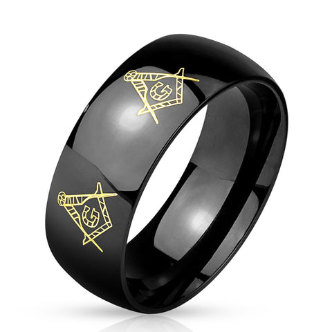 Stainless Steel Engraved Black IP Masonic Ring