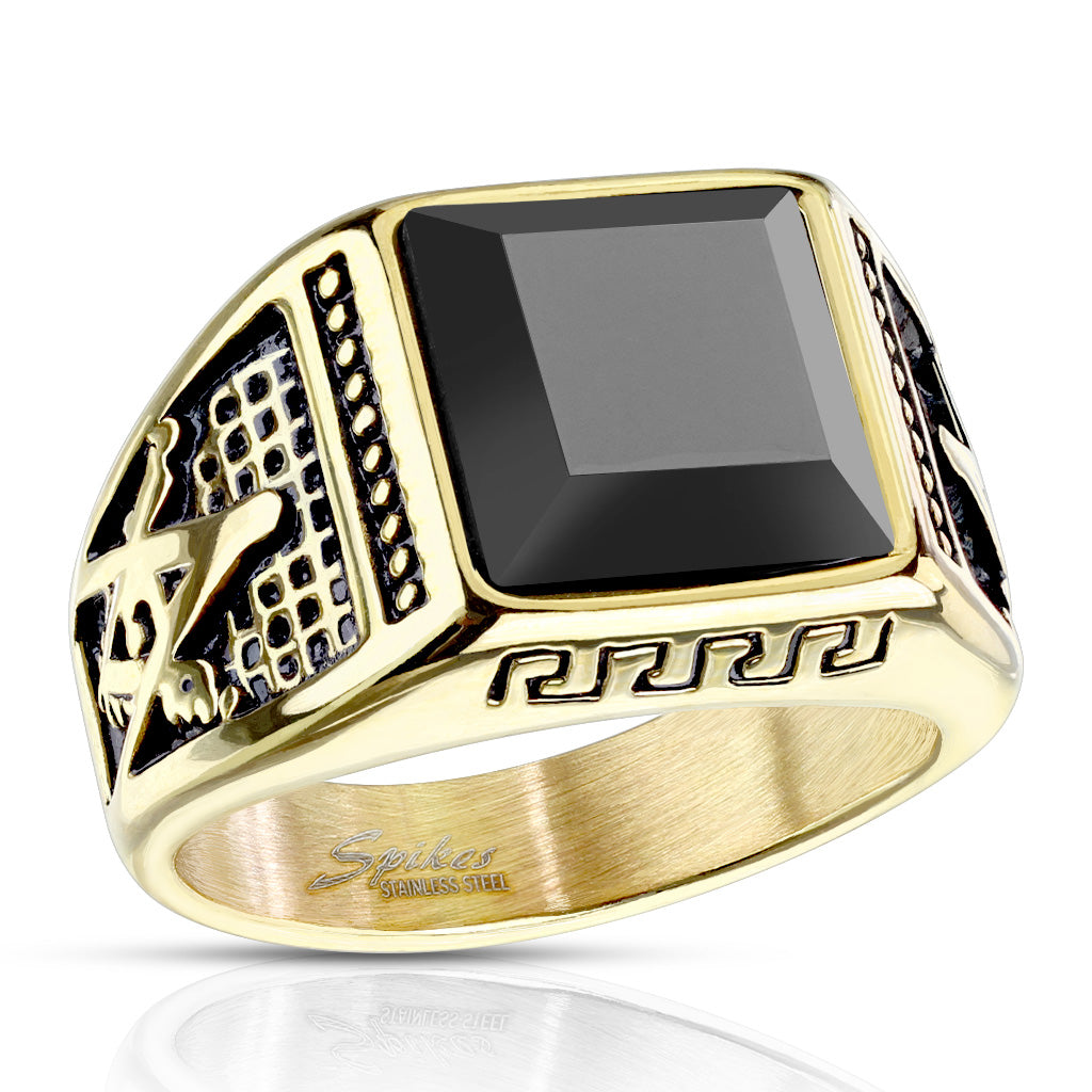 Stainless Steel Faceted Square Onyx Stone Masonic Ring