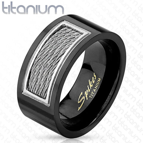 Titanium Wired Cables Inlayed Black IP Ring