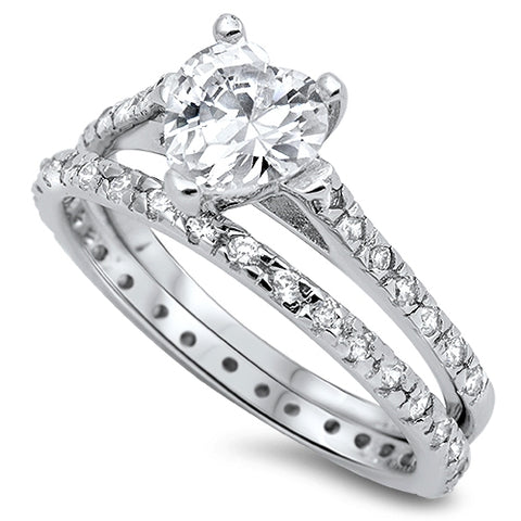 Sterling Silver Wedding Ring Set W/Heart Center Clear CZ