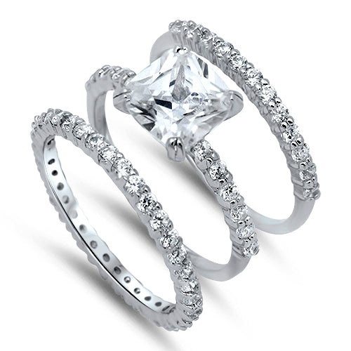 Sterling Silver 3-Band Wedding Ring Set W/Clear CZ
