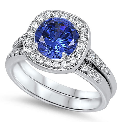 Sterling Silver Blue Sapphire Wedding Ring with Clear CZ