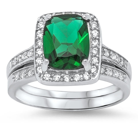 Sterling Silver Emerald Wedding Ring with Clear CZ