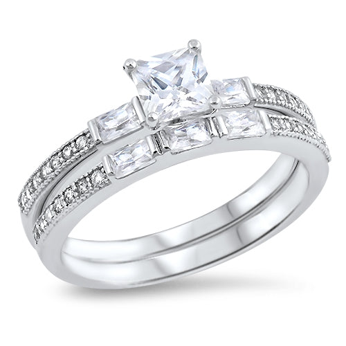 Sterling Silver Wedding Ring Set W/Clear CZ