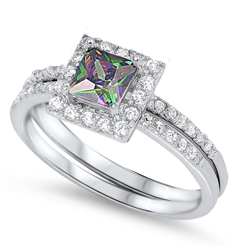 Sterling Silver Wedding Ring W/Rainbow Topaz Clear CZ