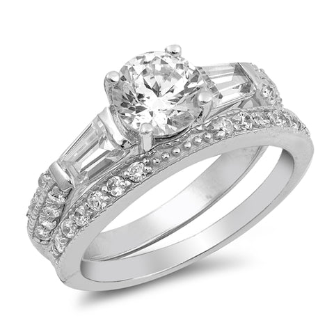 Sterling Silver Wedding Ring Set with Clear CZ