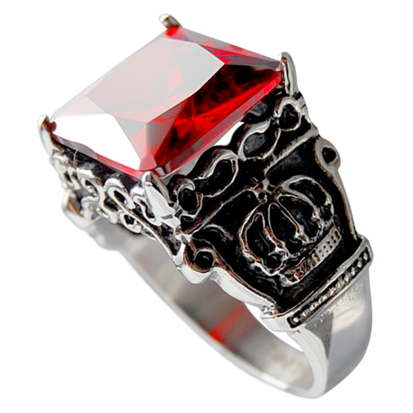 Stainless Steel Red Ruby Ring & Royal Crown on Sides Square Cast