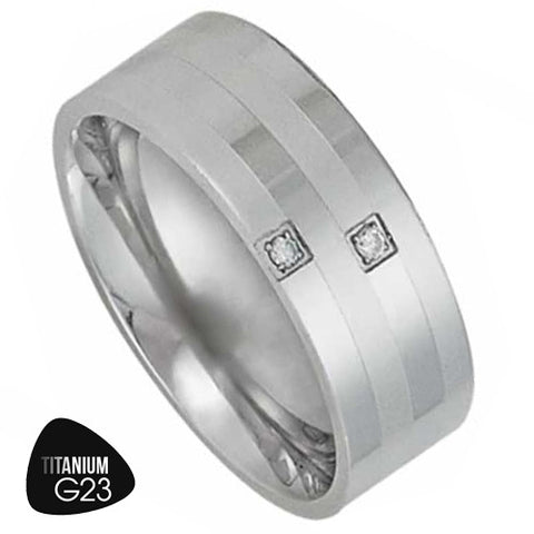 Titanium Ring with Two Small CZ's and Stripes