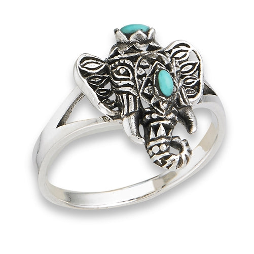 Sterling Silver Filigree Ganesha Elephant With Turquoise Ring