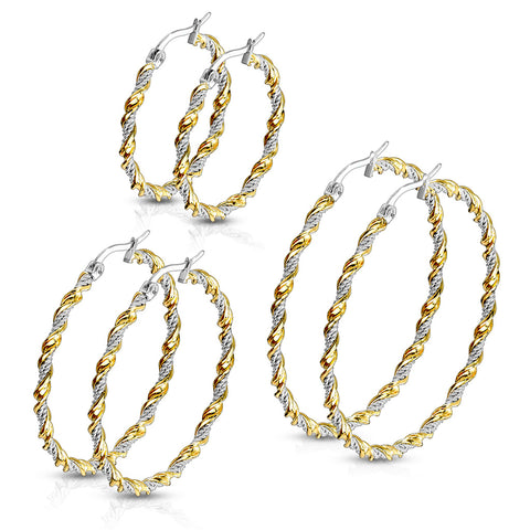 Stainless Steel and Gold IP Twisted Hoop Earrings