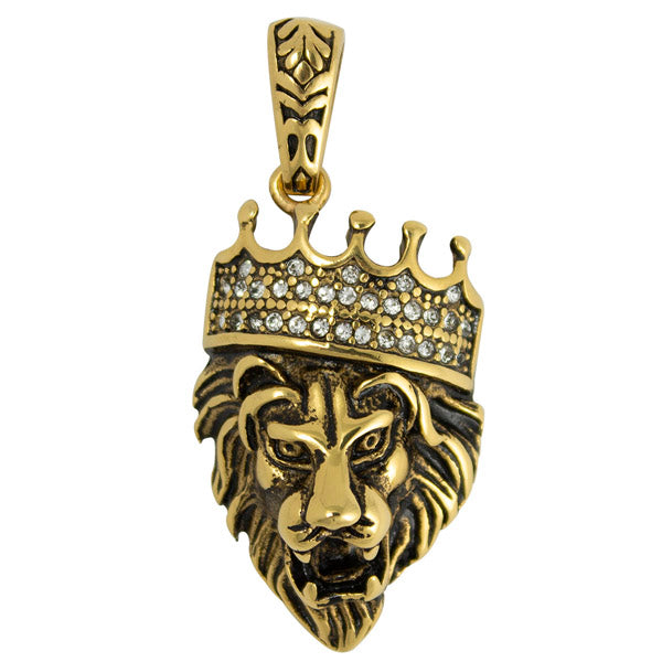 Stainless Steel Gold PVD Lion with CZ Crown Pendant Necklace