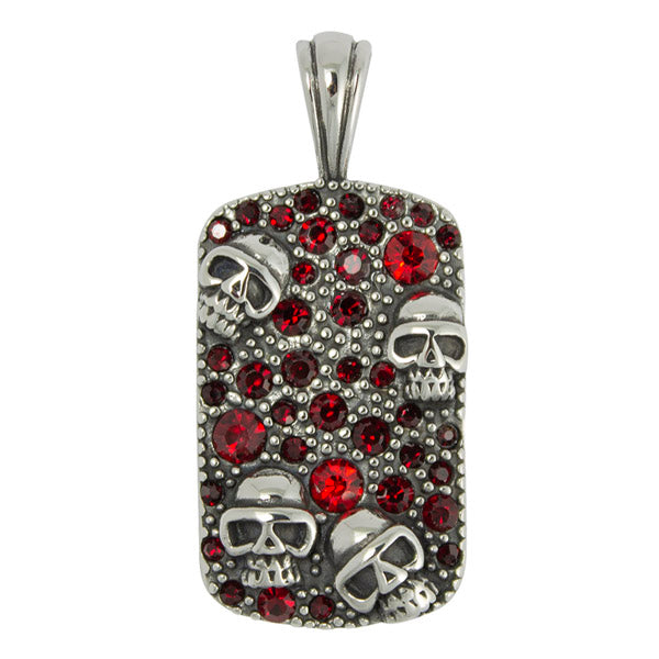 Stainless Steel Red CZ Encrusted Dog Tag with Skull Pendant Necklace