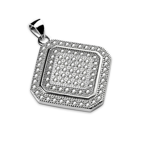 Gem Paved Square Diamond Shaped Stainless Steel Pendant Necklace