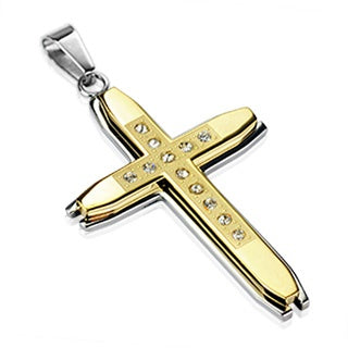 Stainless Steel Cross Gold IP Multi CZ Layered Pendant Necklace