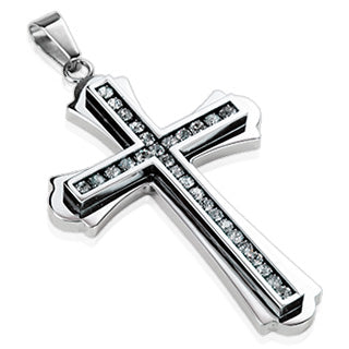 Stainless Steel Layered Cross with Multi-CZ Pendant Necklace
