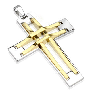 Stainless Steel Stitch Cross Two Tone Gold IP Steel Pendant