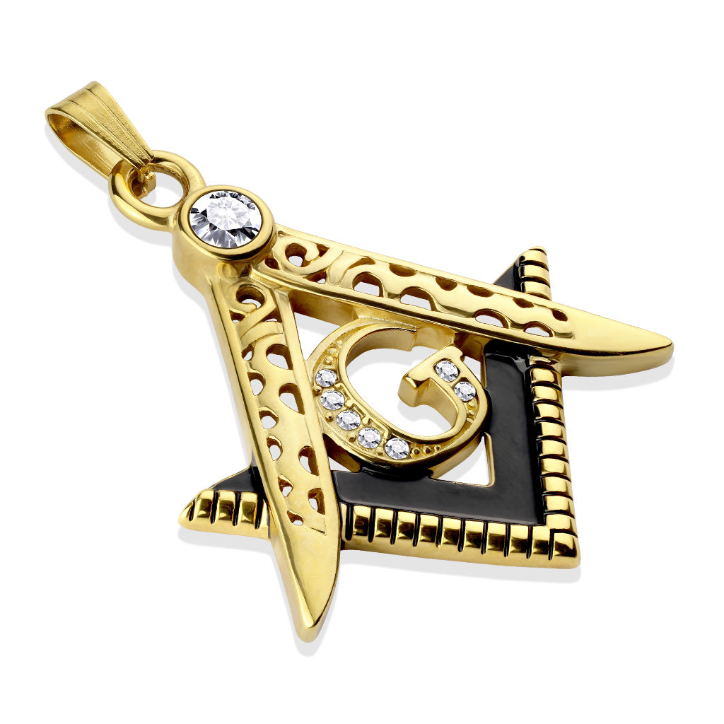 Two Tone Masonic Stainless Steel Pendant with Crystals-GD