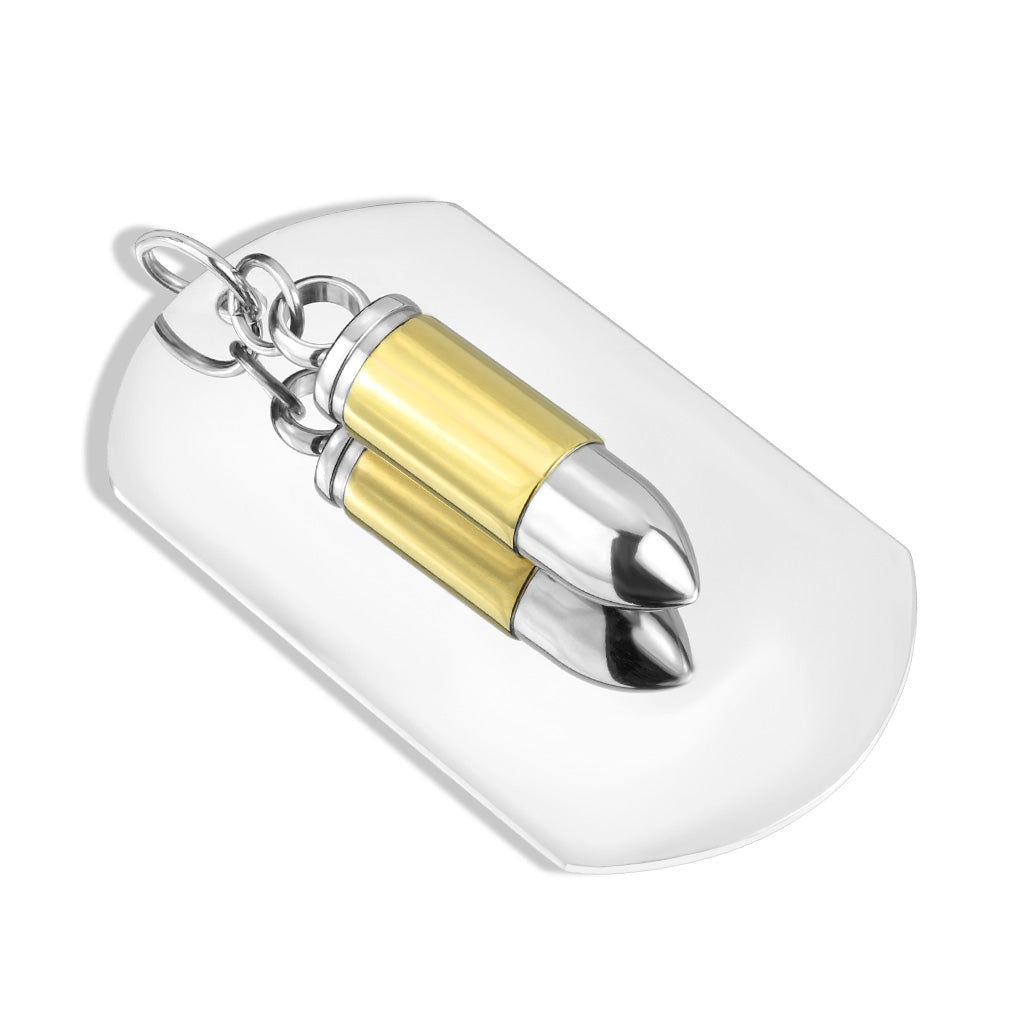 Stainless Steel Dog Tag with Gold Bullet Mirror Necklace