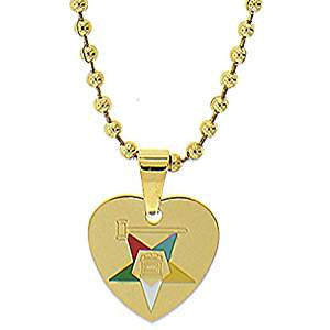 Stainless Steel Eastern Star Heart Necklace w/Gavel-Gold