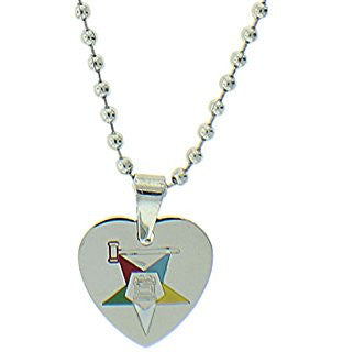 Stainless Steel Eastern Star Heart Pendant Necklace w/Gavel-Silver