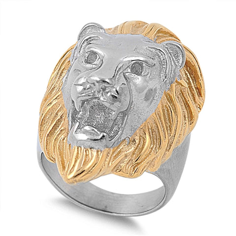 Stainless Steel Lion Head Ring with Gold Plating