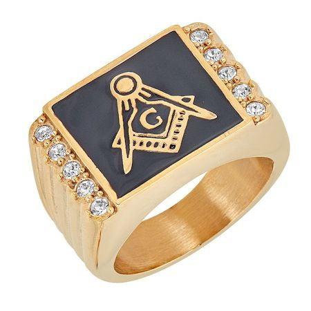 Stainless Steel Gold Masonic Ring with CZ