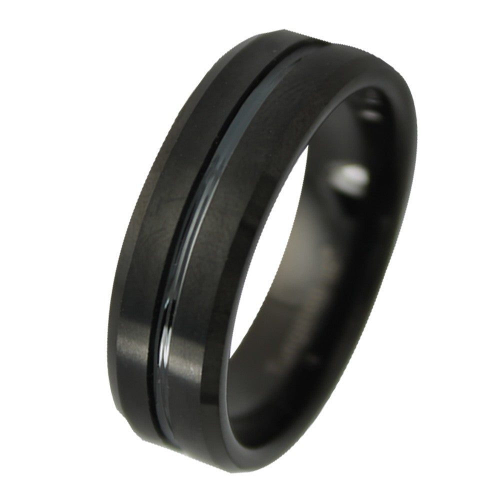 Tungsten Comfort Fit Band with Shiny Black Accent in Center