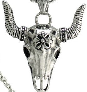 Stainless Steel Bull Horn Skull Pendant Necklace