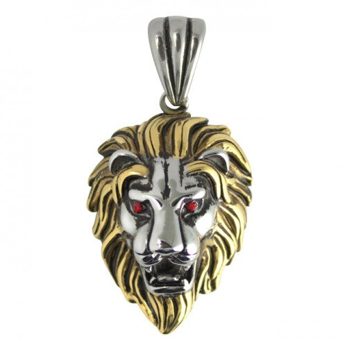 Stainless Steel Two Tone Lion with Red CZ Eyes Pendant Necklace
